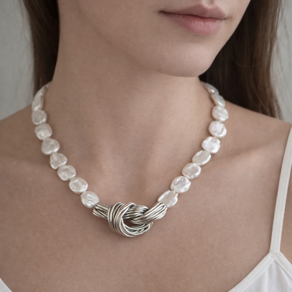 E&L Sterling Silver Electroform Necklace Genuine Baroque Pearls Israel 16' Long